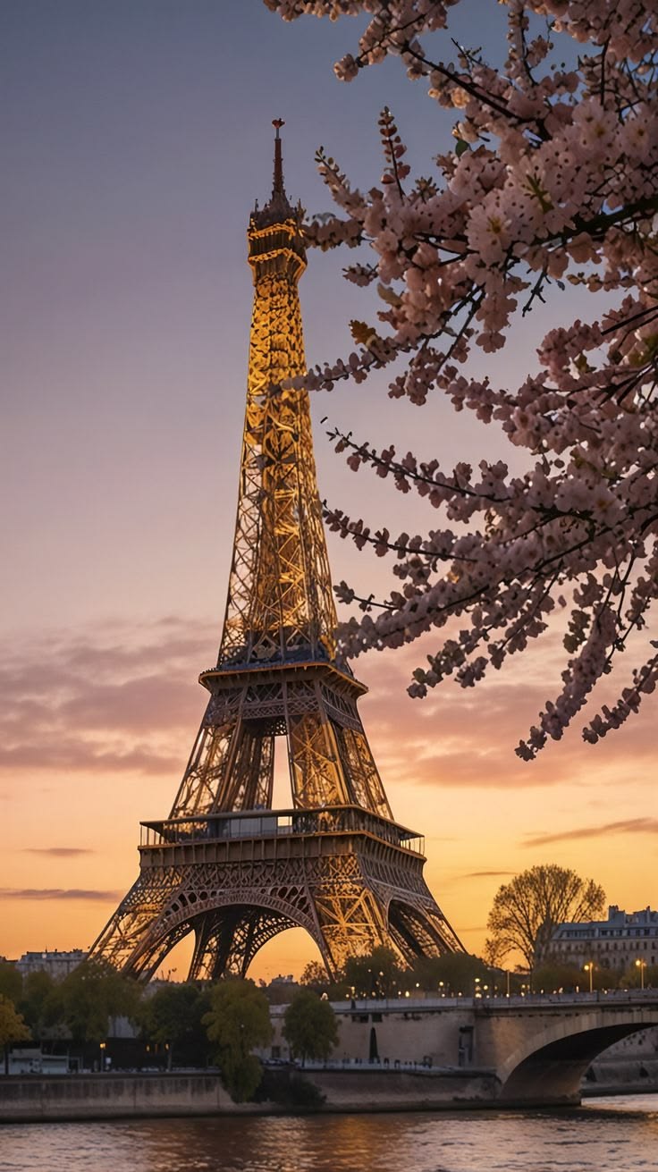 The Eiffel Tower framed by blossom at sunset
